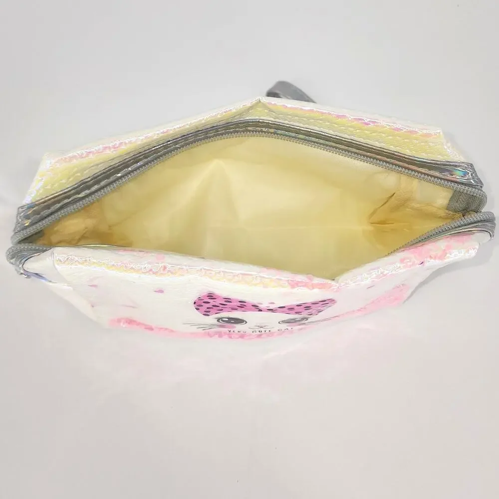 3-Piece Holographic Cat Makeup Bag Bundle Pom Pom Wristlet Cosmetic Pouches - Picture 6 of 6